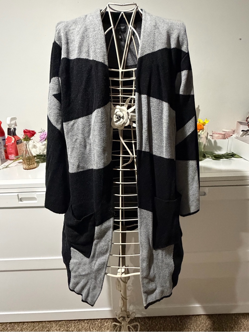 The Limited Black & Gray Striped Open-Front Cardigan